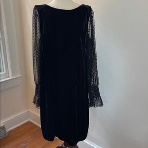 Talbots Black Velvet Shift Dress w/ Sheer Swiss Dot Sleeves, 12